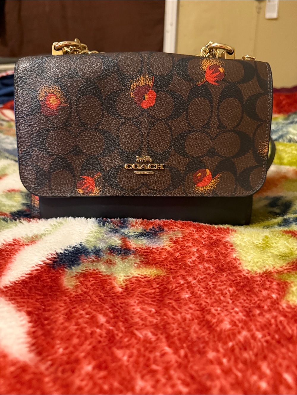 Coach Brown Signature Crossbody with Red Floral Accents